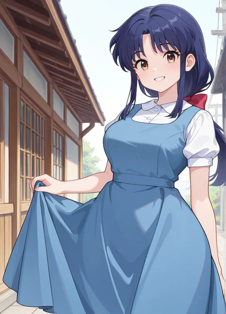 masterpiece, best quality, amazing quality, very aesthetic, absurdres, newest, detailed background, 4k, 8k, outdoors,
akanexd, 1girl, solo, 
long hair, blue hair, brown eyes, bangs, low ponytail, 
blue dress, short sleeves, shirt, white shirt, school uniform, pinafore dress, collared shirt,
smile, looking at viewer, skirt hold, grin, large breasts, wide hips, 
 <lora:Akane_Tendo_-_Ranma_12_Remake_Illustrious:1>