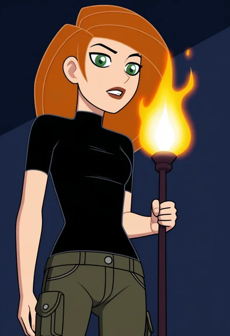 chkim, black skintight shirt, cargo pants, dark room, holding torch, torch on, from slight angle, solo, slightly frightened,