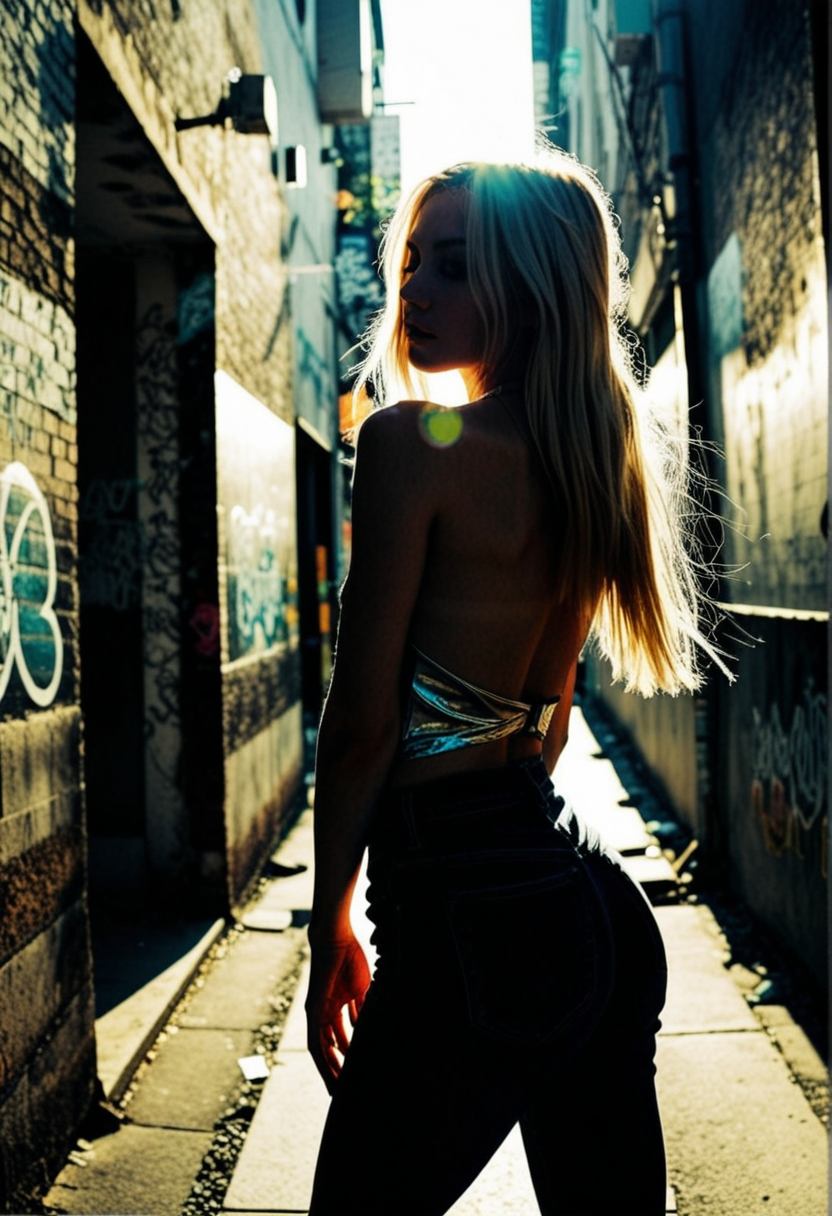 Backlit , shadows,A breathtaking Korean woman with sleek, platinum blonde hair in a modern, dimly -lit back alley. She stands in profile, showcasing the curves of her breasts and ass. She wears a backless metallic halter neck top, and tight jeans, showcasing a confident sensual pose. her breasts on display.. The alley features c traditional brick walls and graffiti, a black door, The overall setting is clean and stylish, with a mix of neutral and cool tones.