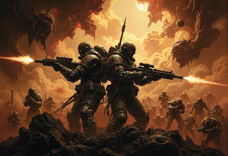 concept art . Frank Frazetta fantasy oil painting (art by Zdzislaw Beksinski:2), two space marines back to back, taking aim, firing guns, muzzle flash, epic, holding guns, heroic, glorification, god rays, backlit, action picture. surrounded by countless monsters with glowing eyes. grimdark, mythp0rt, FredFraiStyle <lora:- Flux1 - vanta_black_V1.0.safetensors:0.5>, <lora:FredFraiStyle-FLUX-Share.safetensors:0.75>, <lora:Warhammer_Rogue_Trader_Style_flux-000021.safetensors:0.5>, UltraM40k <lora:ARTifacts.safetensors:0.5>, <lora:Movie_Portrait.safetensors:0.5>, <lora:frazetta_flux_v2-000150.safetensors:0.5>, <lora:flux_sparklycism.safetensors:0.66>, . digital artwork, illustrative, painterly, matte painting, highly detailed