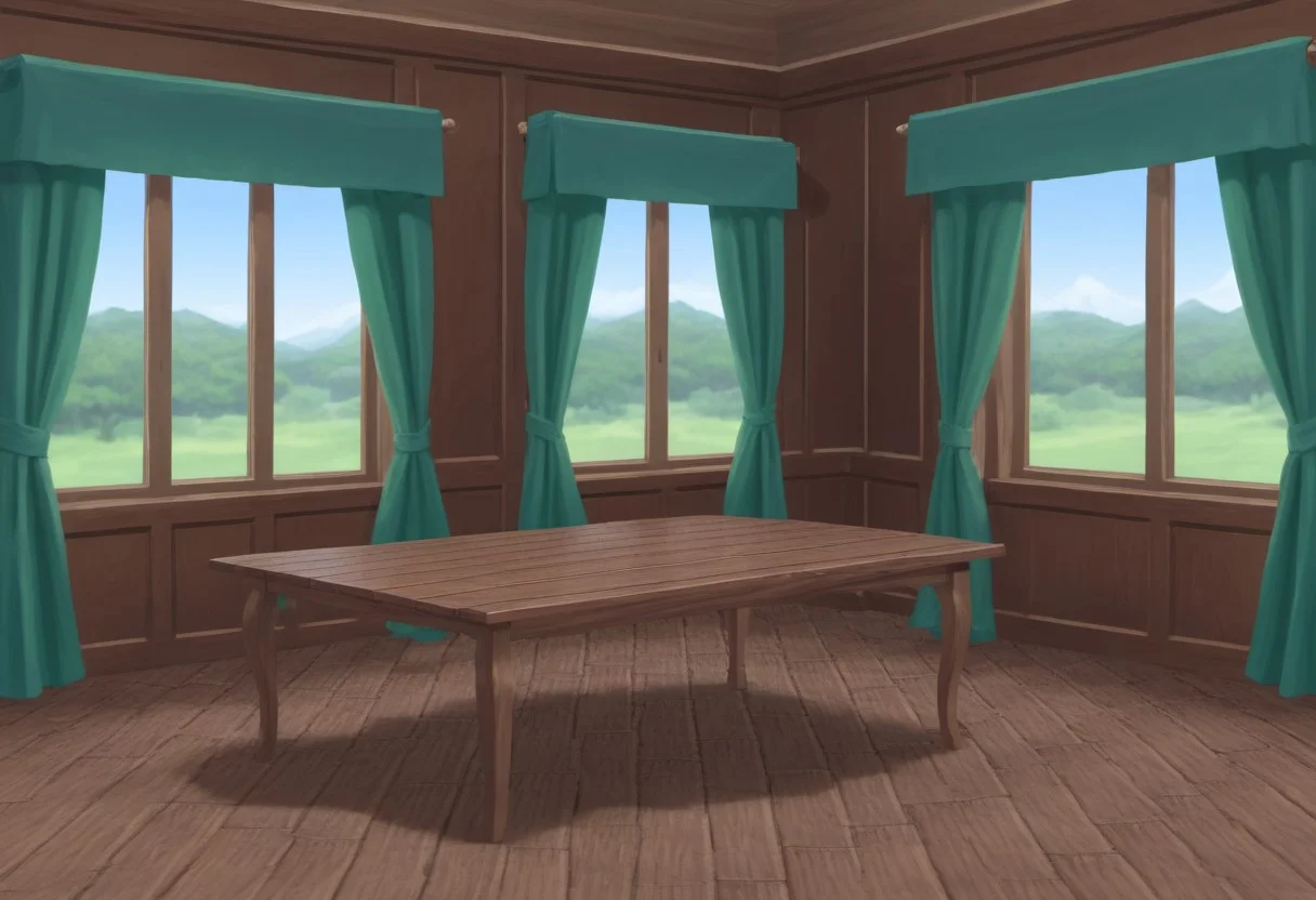landscape, indoors, no humans, dark, mansion, wood, table, window, curtains, night, masterpiece, best quality