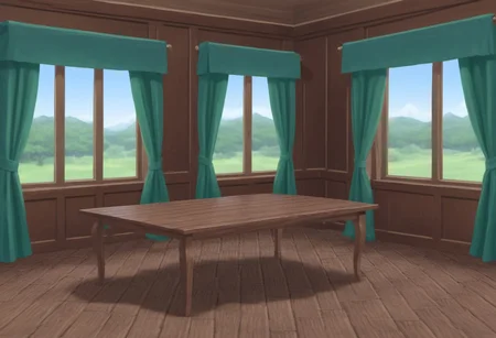 landscape, indoors, no humans, dark, mansion, wood, table, window, curtains, night, masterpiece, best quality