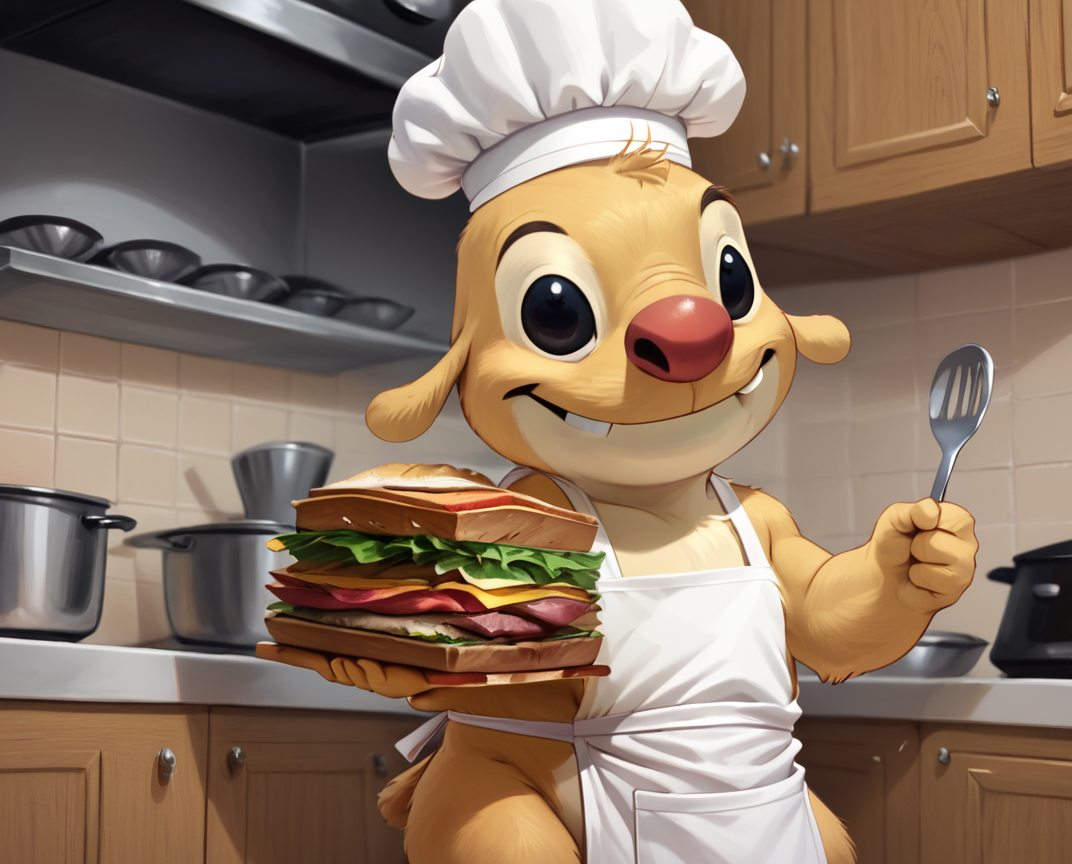score_9, score_8_up, score_8,     <lora:reuben_625_for_ponyxl:0.8>  1boy, reub3n, black eyes, smile, solo, kitchen, apron, chef hat, sandwich