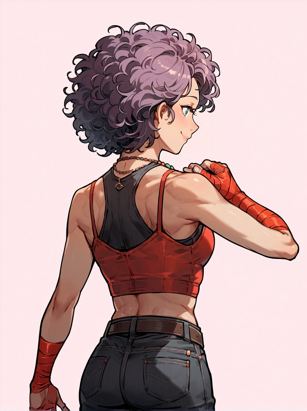 score_8_up, score_7_up, score_6_up, source_anime, 1girl, solo, simple background, pink background,
standing, pose, contrapposto, arched back, cowboy shot, from behind
smile, curly hair, mature female
 <lora:caveiraelite:1>
crop top, belt, pants, necklace, bandaged arm