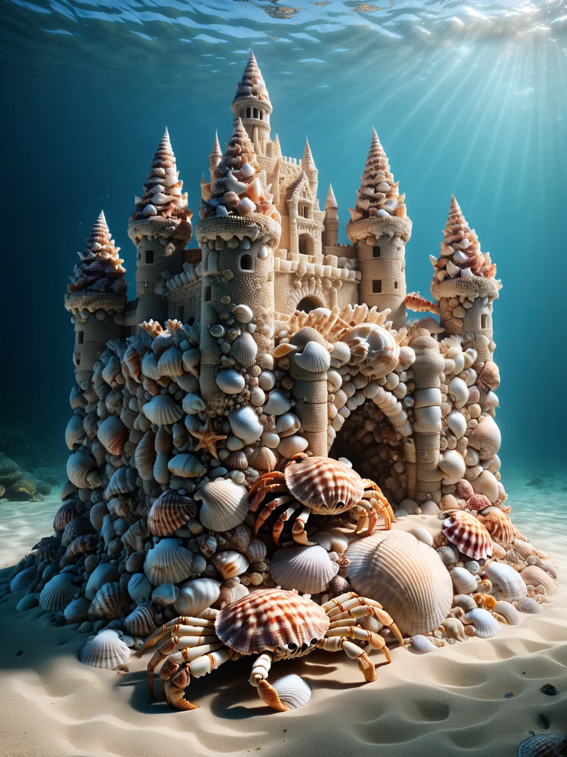 sand castle ornated with mad-seashells under water, crab <lora:Sea_Shells_SDXL:1.0>, masterpiece, best quality, ultra high res, (photorealistic, realistic:1.2), deep shadow, raw photo, film grain, Fujifilm XT3, 8k uhd, dslr