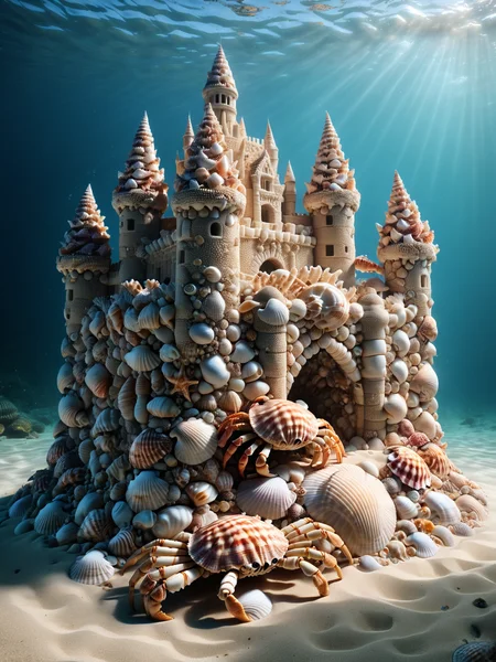 sand castle ornated with mad-seashells under water, crab <lora:Sea_Shells_SDXL:1.0>, masterpiece, best quality, ultra high res, (photorealistic, realistic:1.2), deep shadow, raw photo, film grain, Fujifilm XT3, 8k uhd, dslr