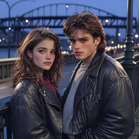 <lora:90s_Indie_MovieSDXL:1> ArsMovieStill, movie still from a 1990s indie movie, The image shows a man and woman standing next to each other on a bridge with a railing in front of them. In the background there is a bridge with lights a pole and a sky. The image is slightly blurred giving it a dreamy romantic feel., 1girl, 1boy, leather jacket, jacket, brown hair, long hair, realistic, jewelry, leather, blurry