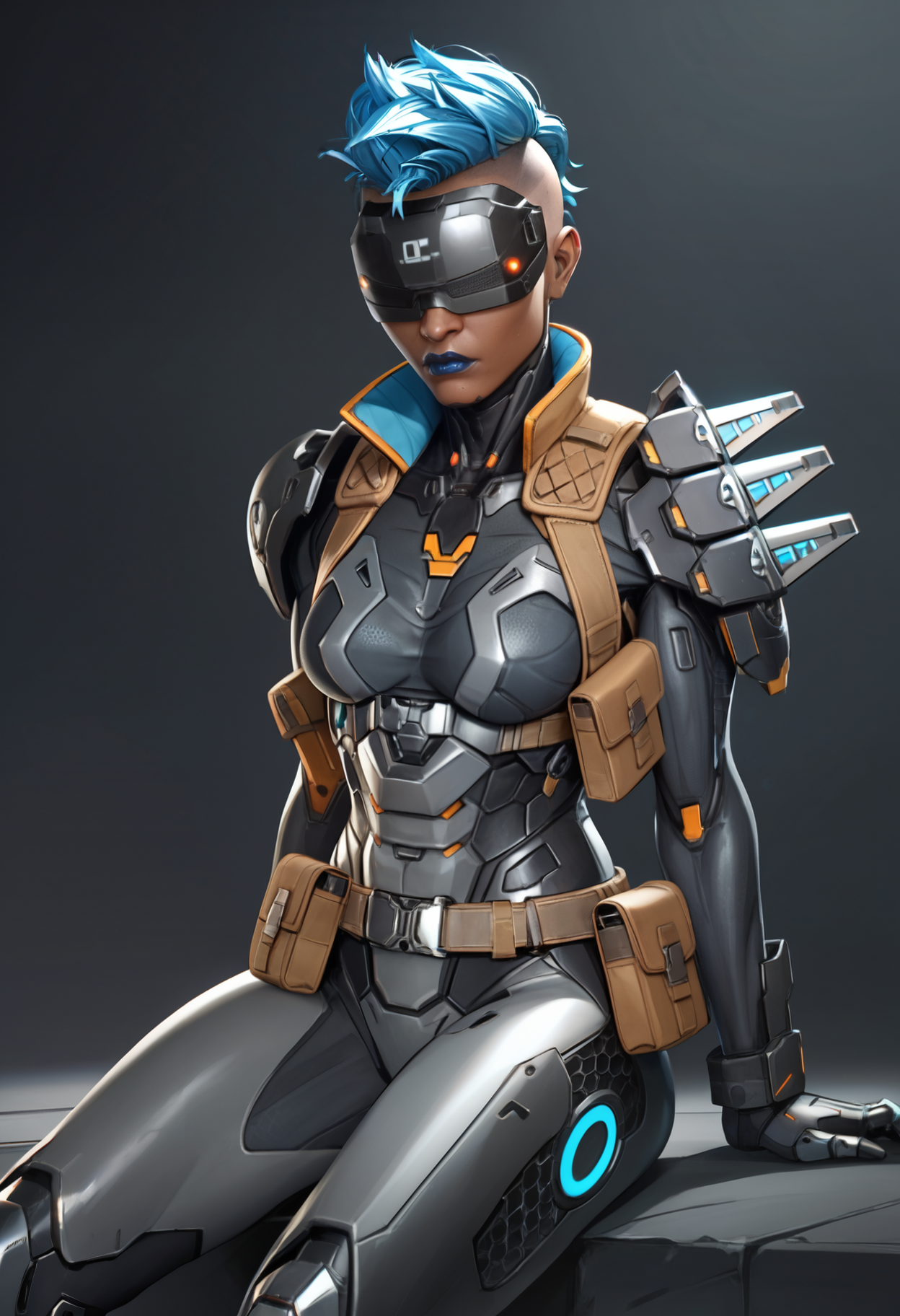 score_9,score_8_up,score_7_up,score_6_up,dark background,outt3ch,black bodysuit,science fiction,blue hair,mohawk,belt pouch,armor,dark-skinned female,no eyes,hidden eyes,shoulder spikes,visor,blue lips,black gloves,cyborg,mechanical legs,medium breasts,boots,sitting,       <lora:MyTrainings\Temp\Mad_Maggie_Outlawed_Tech_XL_Pony_ARZUMATA-000009.safetensors:0.7>