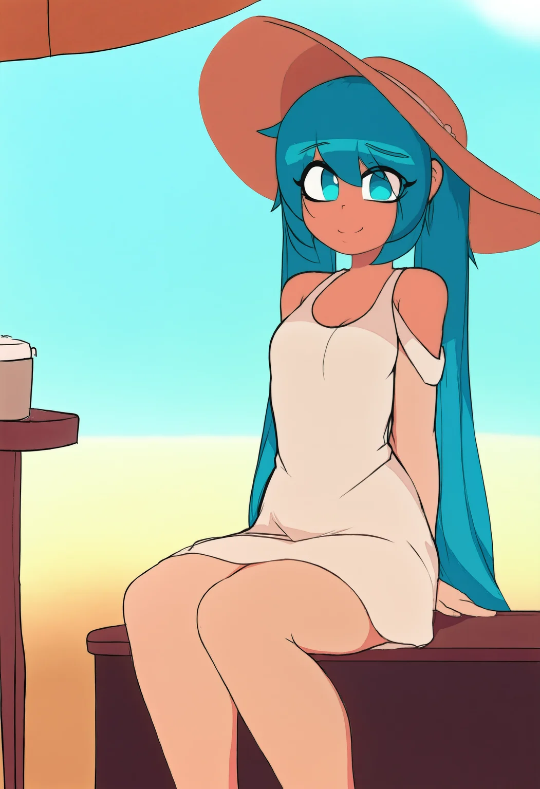 1girl, solo, akutox3, sitting, hatsune_miku, smile, twintails, very long hair, aqua hair, small breasts, aqua eyes, cafe, outdoors, table, beach, sand, blue sky, arm_support, head_on_arm, sun dress, sunhat, masterpiece, best quality, newest, absurdres, highres