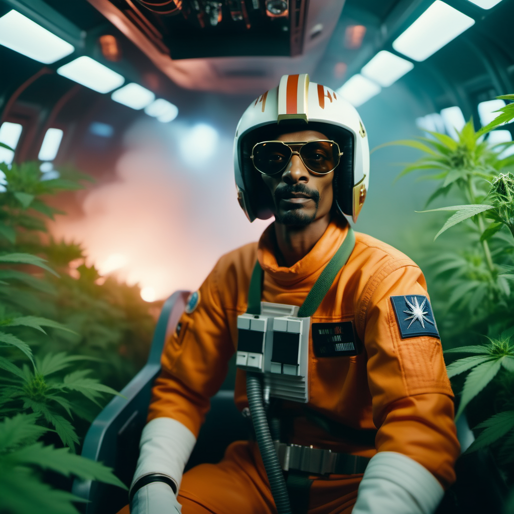 cinematic photo Snoop Dogg  wears gloves, orange and white spacesuit, helmet removed, a lot of smoke, surrounded by marijuana plants, in cockpit, in space  <lora:StarWars1024:0.8> . 35mm photograph, film, bokeh, professional, 4k, highly detailed