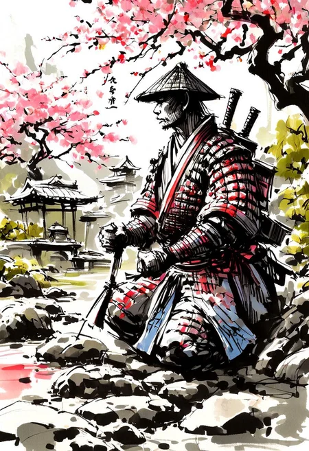 inksketch,
Japanese Samurai warrior in armor, zen garden, spring, sunshine, sakura, meditation, stream, rock garden,