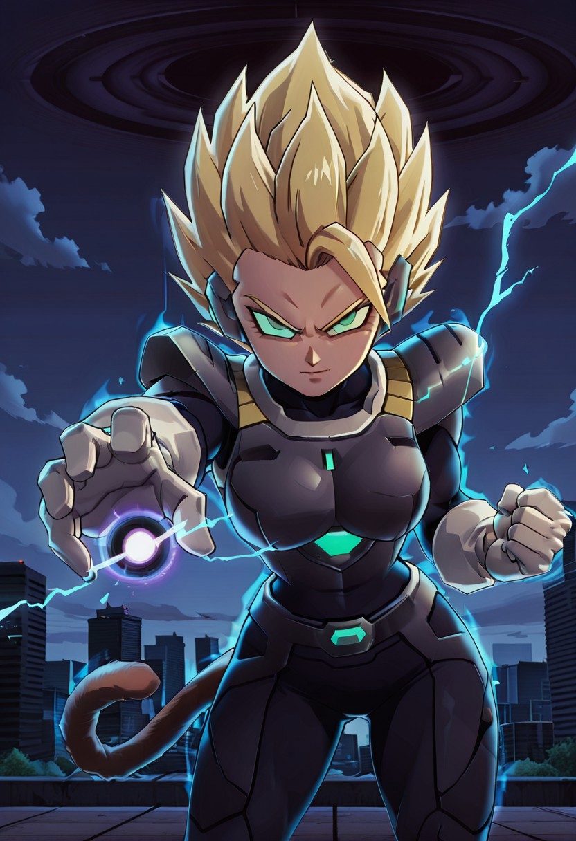 masterpiece, best quality,  
 (zzCodeV, 1girl, big breasts, wide hips, bodysuit, neon trim, armor, black bodysuit, dynamic pose:1), 
night, stars, cyberpunk, city,  looking at viewer, leaning forward, incoming attack, fist,  
dbzhyp3AAG, solo, blonde hair, gloves, closed mouth, green eyes, standing, tail, outdoors, sky, day, cloud, white gloves, armor, bodysuit, spiked hair, aura, super saiyan, monkey tail, saiyan armor, 
charging energy, energy ball, black hole, electricity,