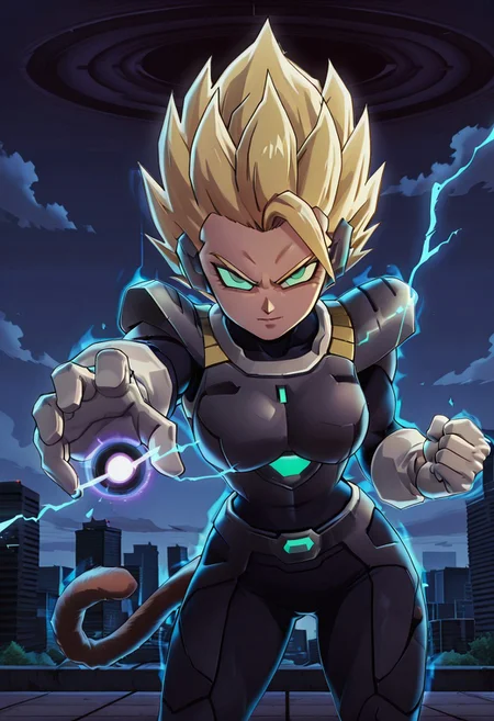 masterpiece, best quality,  
 (zzCodeV, 1girl, big breasts, wide hips, bodysuit, neon trim, armor, black bodysuit, dynamic pose:1), 
night, stars, cyberpunk, city,  looking at viewer, leaning forward, incoming attack, fist,  
dbzhyp3AAG, solo, blonde hair, gloves, closed mouth, green eyes, standing, tail, outdoors, sky, day, cloud, white gloves, armor, bodysuit, spiked hair, aura, super saiyan, monkey tail, saiyan armor, 
charging energy, energy ball, black hole, electricity,