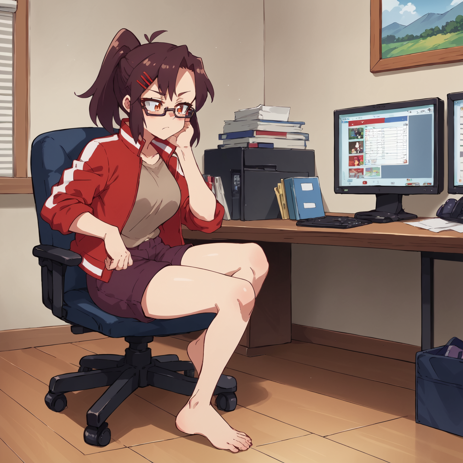 score_9, score_8_up, score_7_up, source_anime BREAK
1girl, indoors, sitting, office chair, desk, bedroom, monitor, knee up, full body, bored expression
koenji, glasses, red hairclip, high ponytail
red track jacket, brown t-shirt, maroon shorts
<lora:Koenji-750:1>