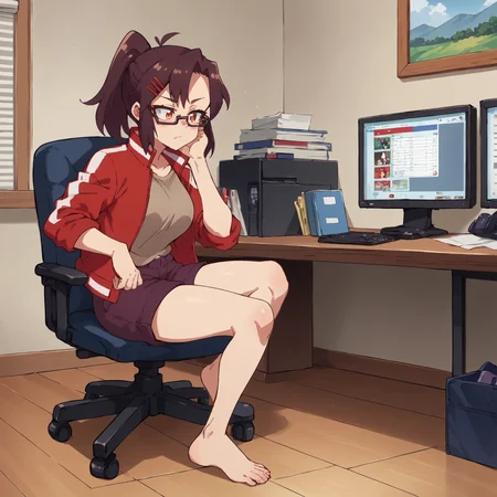 score_9, score_8_up, score_7_up, source_anime BREAK
1girl, indoors, sitting, office chair, desk, bedroom, monitor, knee up, full body, bored expression
koenji, glasses, red hairclip, high ponytail
red track jacket, brown t-shirt, maroon shorts
<lora:Koenji-750:1>