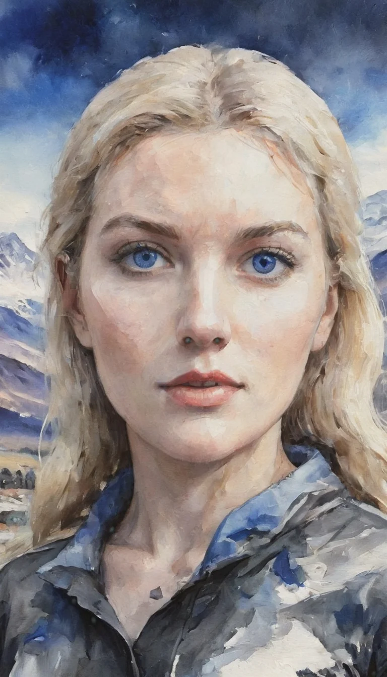 Positiv Clip L
ink watercolor mix, closeup of a woman with blue eyes, mountains
Positive Clip G
ink watercolor mix, closeup of a woman with blonde hair and expressive blue eyes snow-capped mountains in the background
---------