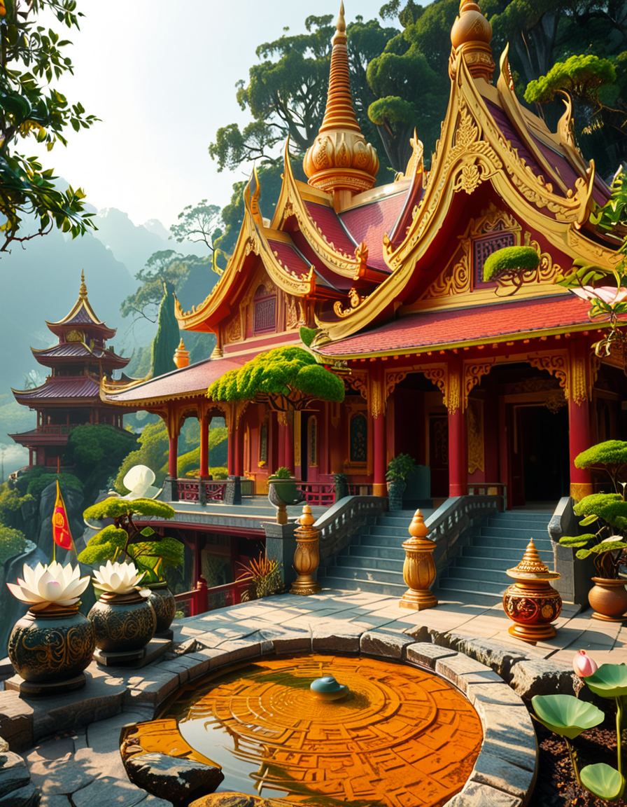 A majestic Buddhist temple nestled in a lush, misty mountain landscape. The temple features traditional curved rooftops with golden ornaments, intricate wooden carvings, and red and gold-painted walls. Large prayer flags in vibrant colors flutter in the wind, adding a spiritual atmosphere. A long stone staircase, partially covered in moss, leads to the main entrance, where a pair of large guardian statues stand watch. The scene is bathed in soft morning light, with gentle rays filtering through the mist, creating a serene and mystical ambiance. The background consists of towering green mountains and a sky with soft pastel hues. In the foreground, a Buddhist monk in deep orange robes walks peacefully along a stone pathway, holding a string of prayer beads. The overall composition conveys a sense of tranquility, spirituality, and harmony with nature.
<lora:SDXLFaeTastic2400:0.4> <lora:extremely_detailed:0.4> extremely detailed,<lora:Buddhist_t3mpl3:1>,Buddhist t3mpl3, Masterpiece,best quality,hi res,8k,hi res,8k,award winning,(sharp focus, intricate, highly detailed),