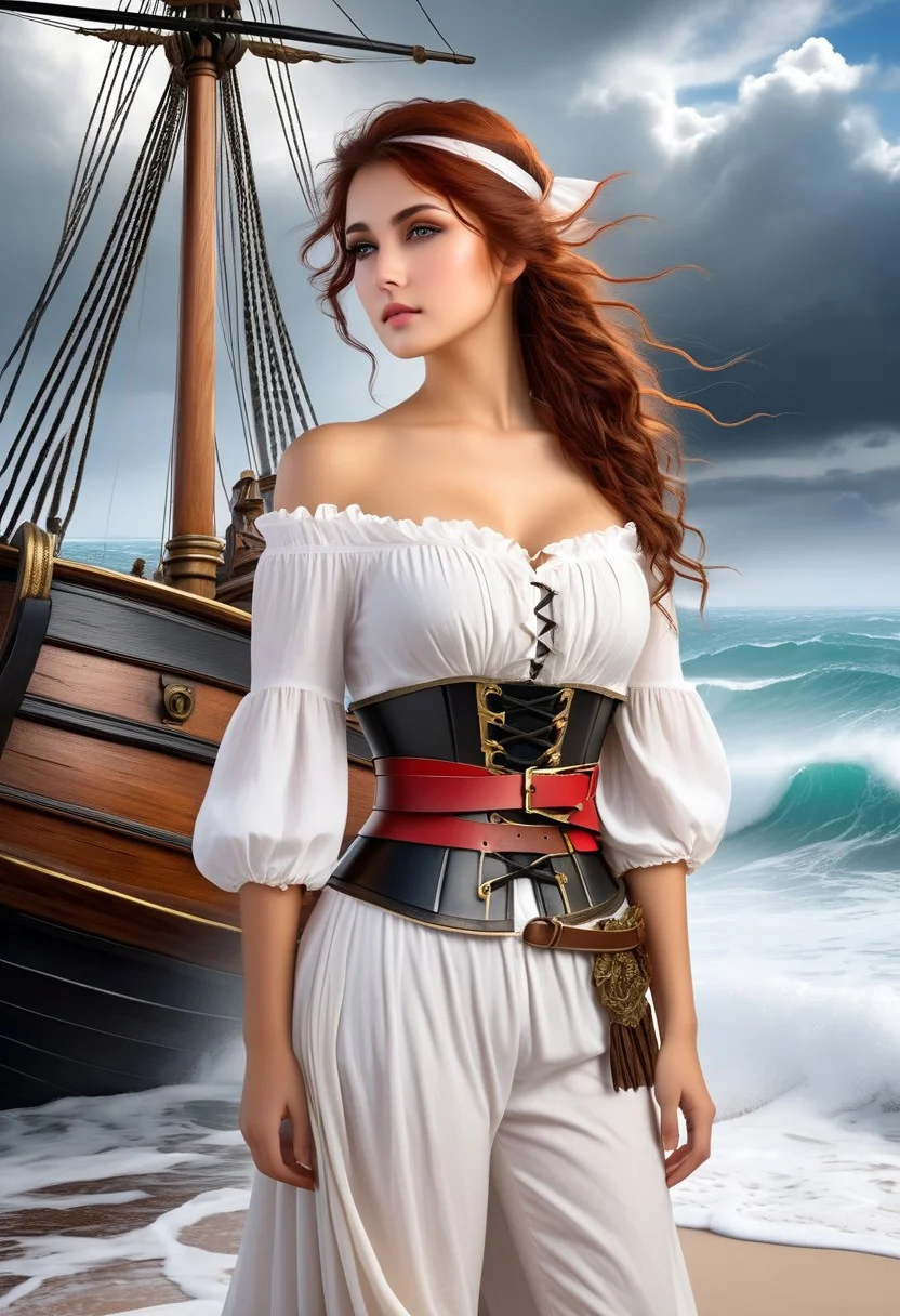 Stunning female pirate standing confidently on a stormy beach, cinematic fantasy style; low-cut, off-shoulder white blouse with frilled sleeves, tightly cinched with rugged leather belts and a wide corset, revealing toned midriff; wearing a red headband, large hoop earrings, and long tousled brown hair blowing in the sea breeze; expressive eyes and confident, seductive expression; old pirate ship with black sails and skull insignia in the background, crashing waves and dramatic clouds overhead; treasure chest and fallen enemy at her feet; dynamic composition with painterly texture, soft lighting, and epic, adventurous mood; fantasy illustration, high detail, digitally painted, atmospheric and heroic