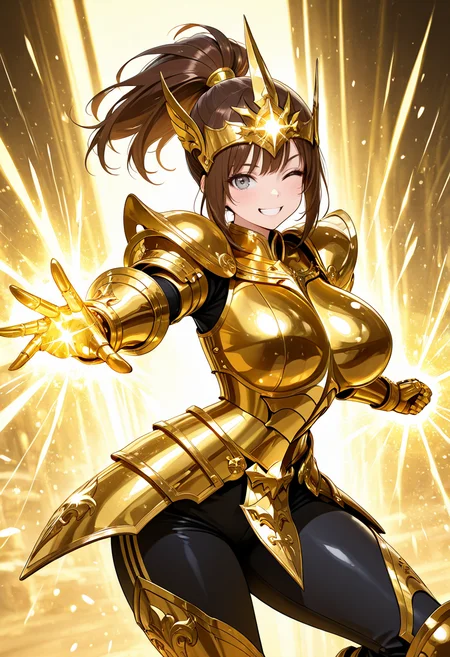 masterpiece,best quality,amazing quality, very aesthetic, ((outlined outlined vector graphics)), cute face, (glow eyes:0.5) , from front, looking at viewer ,detailed background,
1girl,
20yo, brown hair, gray eyes, (large breast:1.1), (ponytail:1.1), medium hair,(curvy:1.1),bangs,
,solo,cute face,
smile, grin, wink , gold armor, golden-mythril-armor , headwear , glowing, glittering , fantasy, glimmering , pants , action pose, clothed <lora:golden-mythril-armor-il-01:0.8>