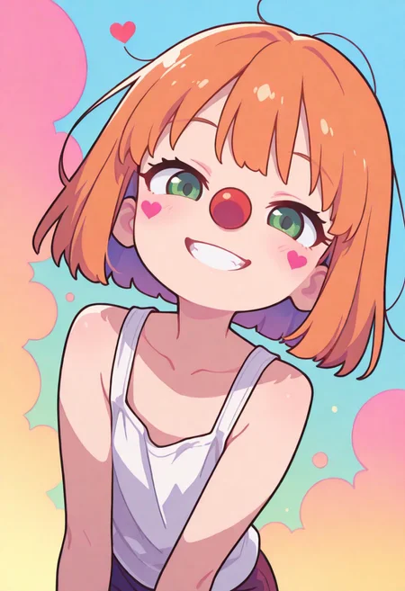 masterpiece, best quality, newest, very awa, Smooth, no lineart, no outline, very aesthetic, Flatline, Flat vector illustration, flat colors, Colorful themes, High Saturation, haiz_ai, orenji, <lora:ponyv6_noobE11_2_adamW-000017:0.9> <lora:MeMaXL4:0.5> <lora:veluflora-wai:0.35> <lora:haiz_ai_illu:0.5>, 
1girl, petite, cute, small, fragile, young, youthful, flat chest, orange hair, bob cut, short hair, green eyes, fair skin, messy hair,
red clown heart on cheeks, big clown nose, clown's lines across the eyes, white tank top, grin, looking at viewer, collarbone, tilted head, leaning forward,
colorful background, dynamic angle, day, outdoors, volumetric light,
