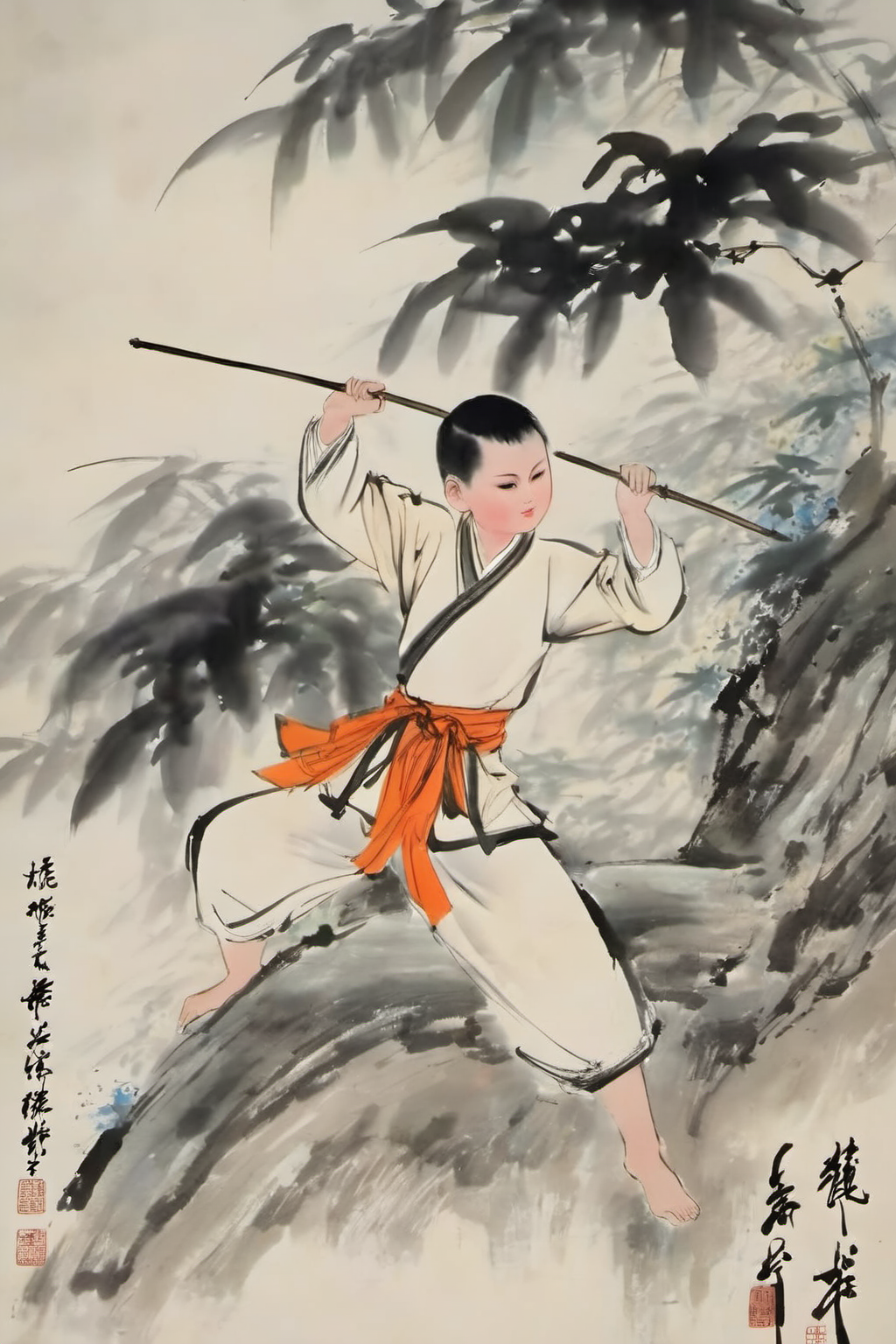 chinese ink painting, traditional media, liujiyou , 1 boy, solo,Holding a long stick,  martial art , Shaolin Temple, long sleeves,  <lora:liujiyou-000008:0.8>