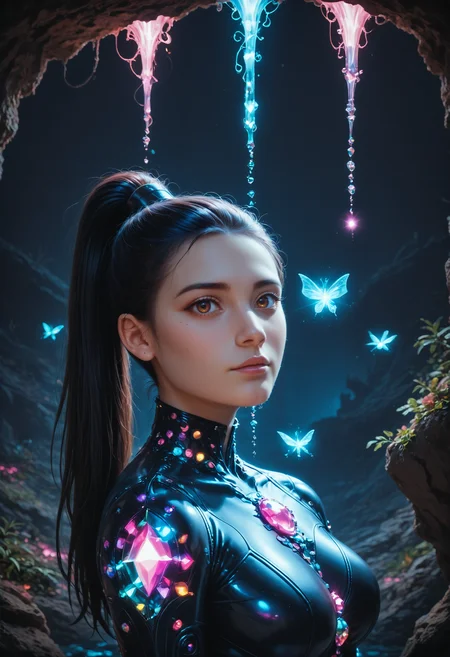 score_9,score_8_up,score_7_up, sorce_real, 8k, hd, (1 girl, brown eyes, high ponytail, bioluminescent latex suit, seij, <lora:Seij-000001:1>), cute and mischievous, black suit, purple details, neon colored glowing particles in the black skin, black skin with neon pink bioluminescence, cinematic light, looking at viewer, dark, night, mysterious atmosphere, floating hearts, beautiful creatures, flies through a dark stalactite cave at night, bioluminescent icicles on the walls, everything is shrouded in darkness. <lora:SDXLFaeTastic2400:0.7>, cave by Jed-Cosmos <lora:Jed-Cosmos-sdxl:0.4> <lora:ral-swarcrystl-sdxl:0.5> multicolored gemstones made of ral-swarcrystl, black gloves with glowing jewels, upper body, side view
