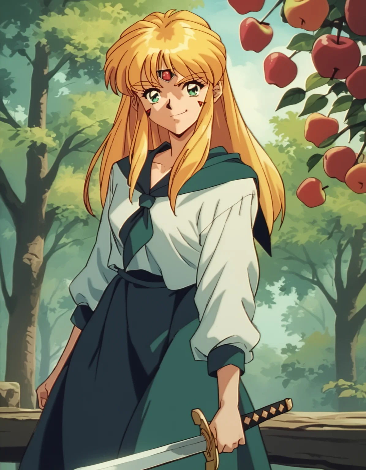score_9, score_8_up, score_7_up, source_anime, <lora:karisu-ponyxl:0.9> karisu, facial mark, forehead jewel, neckerchief, long sleeves, skirt,
1girl, solo, smirk, looking at viewer, sword, tree, apple