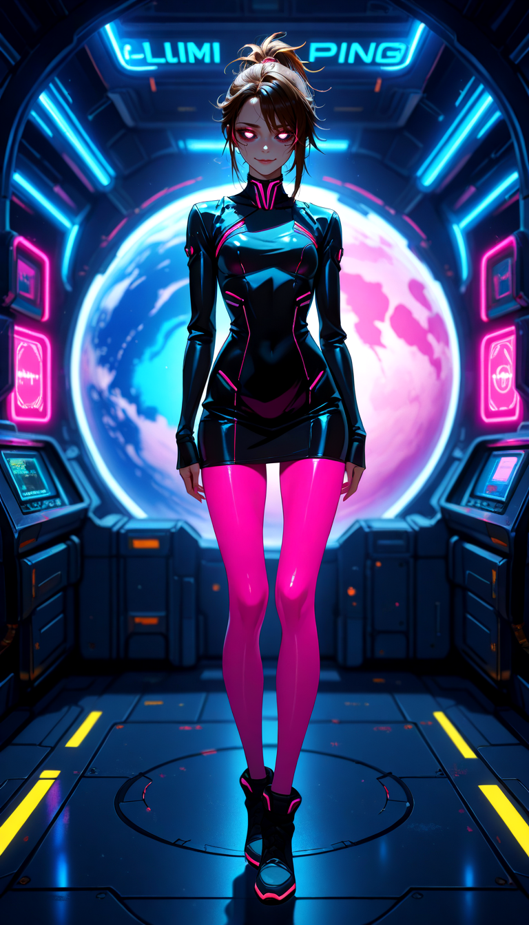 1girl,
NLSTN, glowing, dark, 21-year-old, slim, athletic, small breasts, straight brown hair, messy ponytail, a ravishing cinematic female, tight semi transparent bodycon, short dress, smirking, playful expression, sexual pose, full body shot, space station, cyberpunk, pink and blue neon lights in the background, cinematic lighting, rim light, depth of field, highly detailed, ultra-detailed, zPDXL3 zPDXLxxx, blurry, solo, bokeh, sleeves past wrists, black dress, tight clothes, looking at viewer, breasts, dress, glowing eyes, black eyes, standing,
masterpiece, best quality, very aesthetic, absurdres
<lora:NLSTN:0.7>