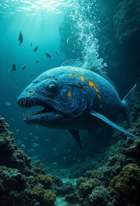 <lora:Dark_Fantasy_Anime-000021.safetensors:1> intricately textured, with subtle shadows cast, capturing light in a lifelike manner. glint subtly in the diffused light filtering, the surrounding environment is meticulously detailed
A large, vibrant blue fish with unnatural, jerky movements and twisted face swims through a distorted coral reef, its scales glistening with orange and yellow highlights. Bubbles rise from its mouth in a frantic rhythm as schools of smaller fish dart around it with stiff, mechanical movements. The sunlight casts an eerie glow, illuminating the chaotic scene in an otherworldly light, set against a deep, dark ocean backdrop that seems to hide secrets beneath its murky surface.