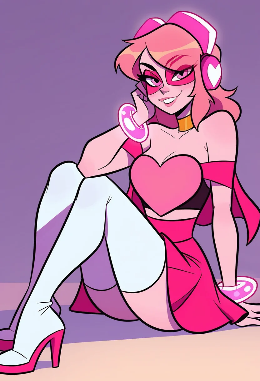 score_9, score_8_up, score_7_up, looking at viewer, <lora:Miss_Heed_2_PDXL:0.6> missheedxl, pink skin, colored skin, pink eyes, pink hair, headset, pink mask, pink headphones, collarbone, bare shoulders, pink heart shaped crop top, skirt, bracelet, golden choker, capelet, white thigh boots, high heels, sitting, bedroom,