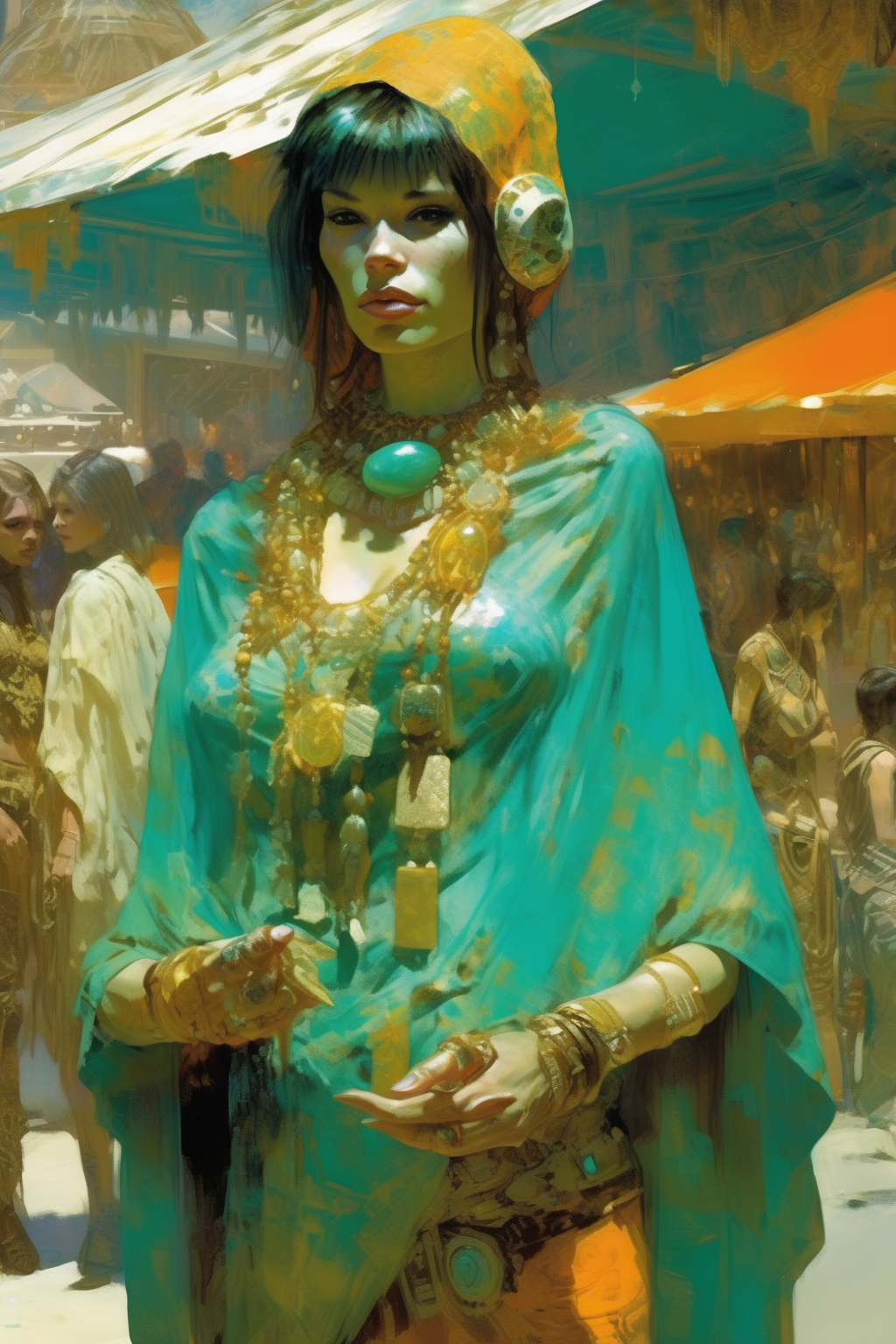 <lora:Craig Mullins Style:1>Craig Mullins Style - orange-skinned woman she is selling alien trinkets, at the alien market, wearing a turquoise and gold transparent poncho style of Dean Cornwell orange-skinned woman