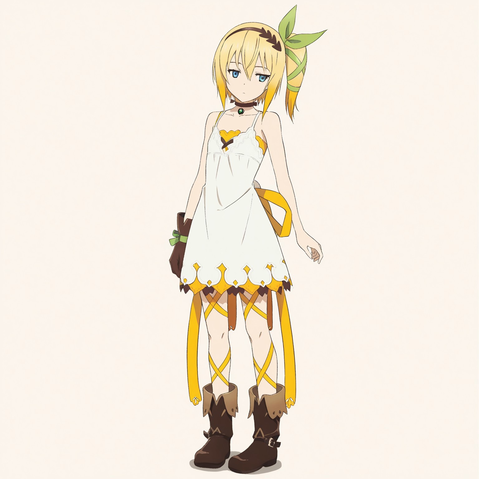 edna (tales), blonde hair, gradient hair, white dress, yellow ribbon, brown hairband, hair ribbon, green ribbon, brown boots, blue eyes, single glove, brown glove, side ponytail, brown choker, flat chest, solo, 1girl, standing, bored, short hair, full body,