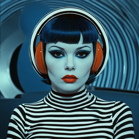 <lora:Abstract_Retro_Future_MovieSDXL:1> ArsMovieStill, Movie still from an abstract retro future movie, The image is a portrait of a woman's face. She is wearing a black and white striped top and has a large circular headpiece on her head. The headpiece is made of orange earphones and covers her ears. The woman's hair is styled in a short bob with bangs and her makeup is dramatic with dark eyeliner and red lipstick. The background is a striped pattern in shades of blue and white. The overall mood of the image is futuristic and edgy., 1girl, solo, black hair, makeup, portrait, short hair, lipstick, red lips, colored skin, looking at viewer