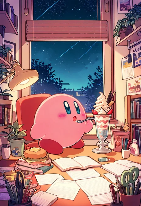 masterpiece, best quality, BREAK, kirby
, side view, chair, book, bookshelf, inhaling food, ice creams, wide open mouth, lamp, night, open book, pen, plant, potted plant, sky, star (sky), starry sky, window, windowsill, <lora:LofiGirl_Style_IXL:1.0>