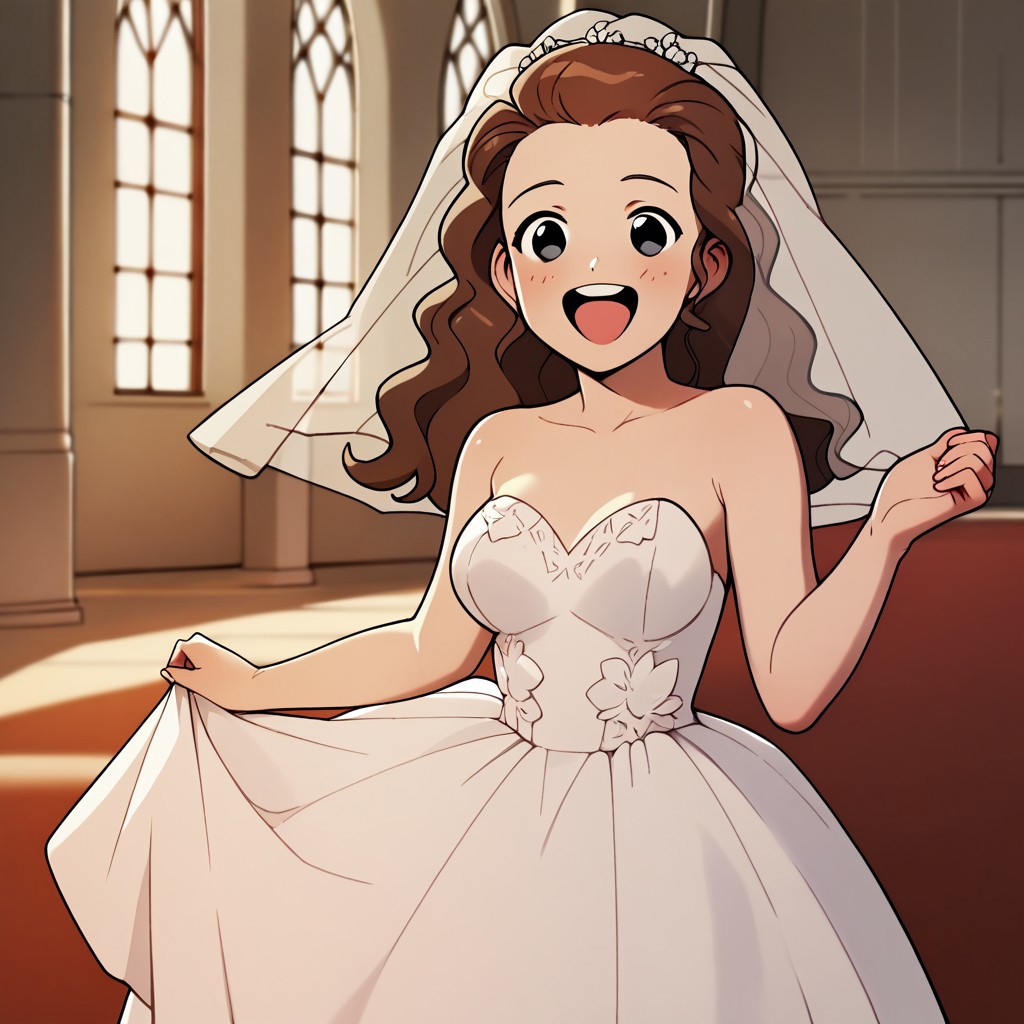 porn, score_9, score_8_up, score_7_up BREAK ebiOL, 1girl, black eyes, wavy brown hair, wedding dress, cartoon, happy, joyful, smile, source_cartoon, church indoors, marriage scene, cowboy shot,