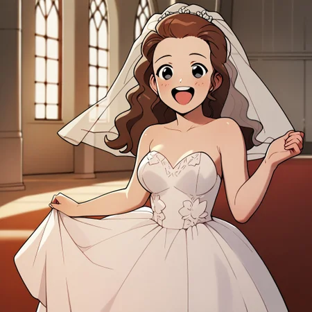 porn, score_9, score_8_up, score_7_up BREAK ebiOL, 1girl, black eyes, wavy brown hair, wedding dress, cartoon, happy, joyful, smile, source_cartoon, church indoors, marriage scene, cowboy shot,