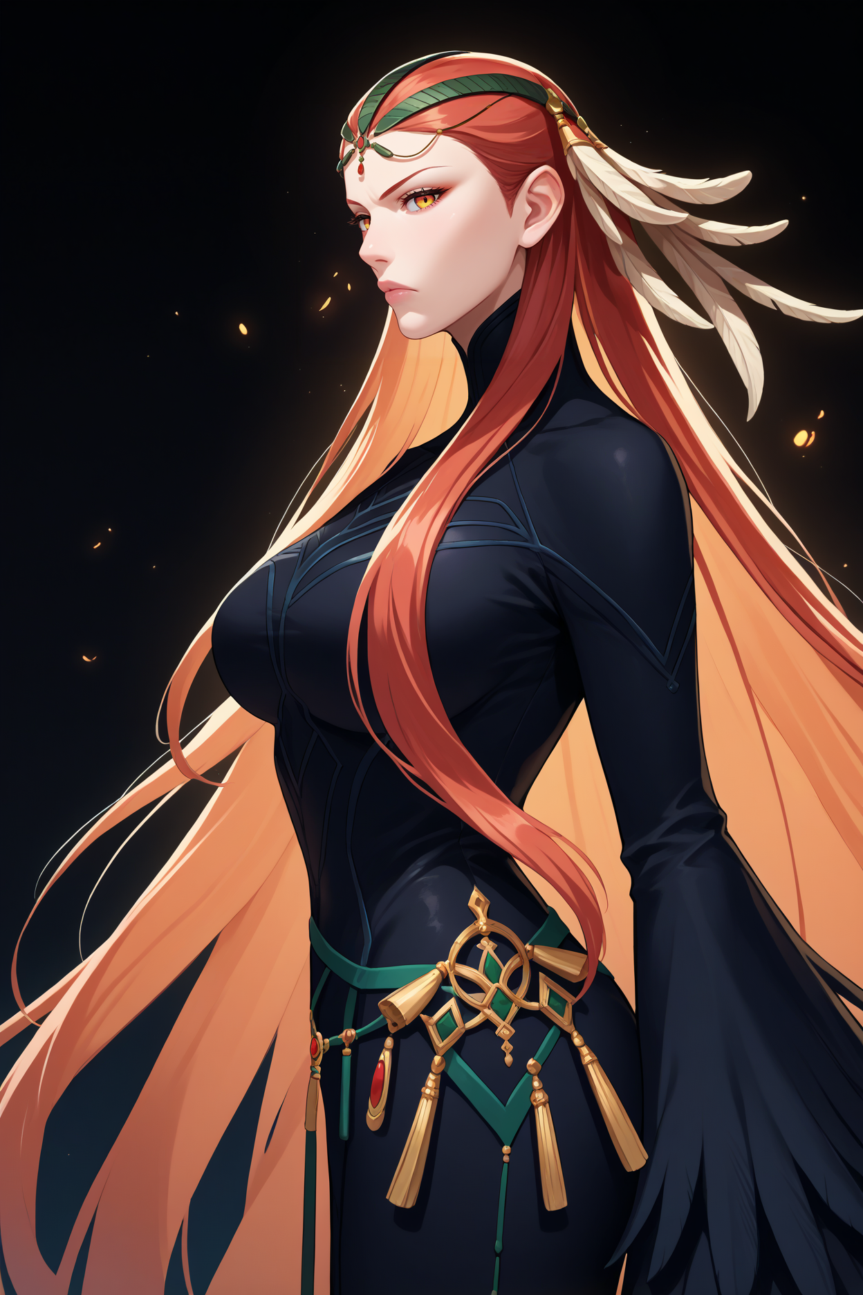 score_9, score_8_up, score_7_up, score_6_up, source_anime, 1girl, solo, <lora:feashera-pdxl-nvwls-v1-000005:1> ashera, red hair, very long hair, feathers, feather hair ornament, circlet, black dress, long dress, big breasts, from side, black background, glowing background, gradient, looking at you, annoyed