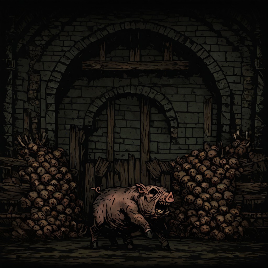 masterpiece, best quality, newest, absurdres, highres,  
TTCSV1.0,
DDWarrens-BGV1.0, dark, scenery, indoors, 
1boy, 
DD-SwinemanV1.0, swine, pig,