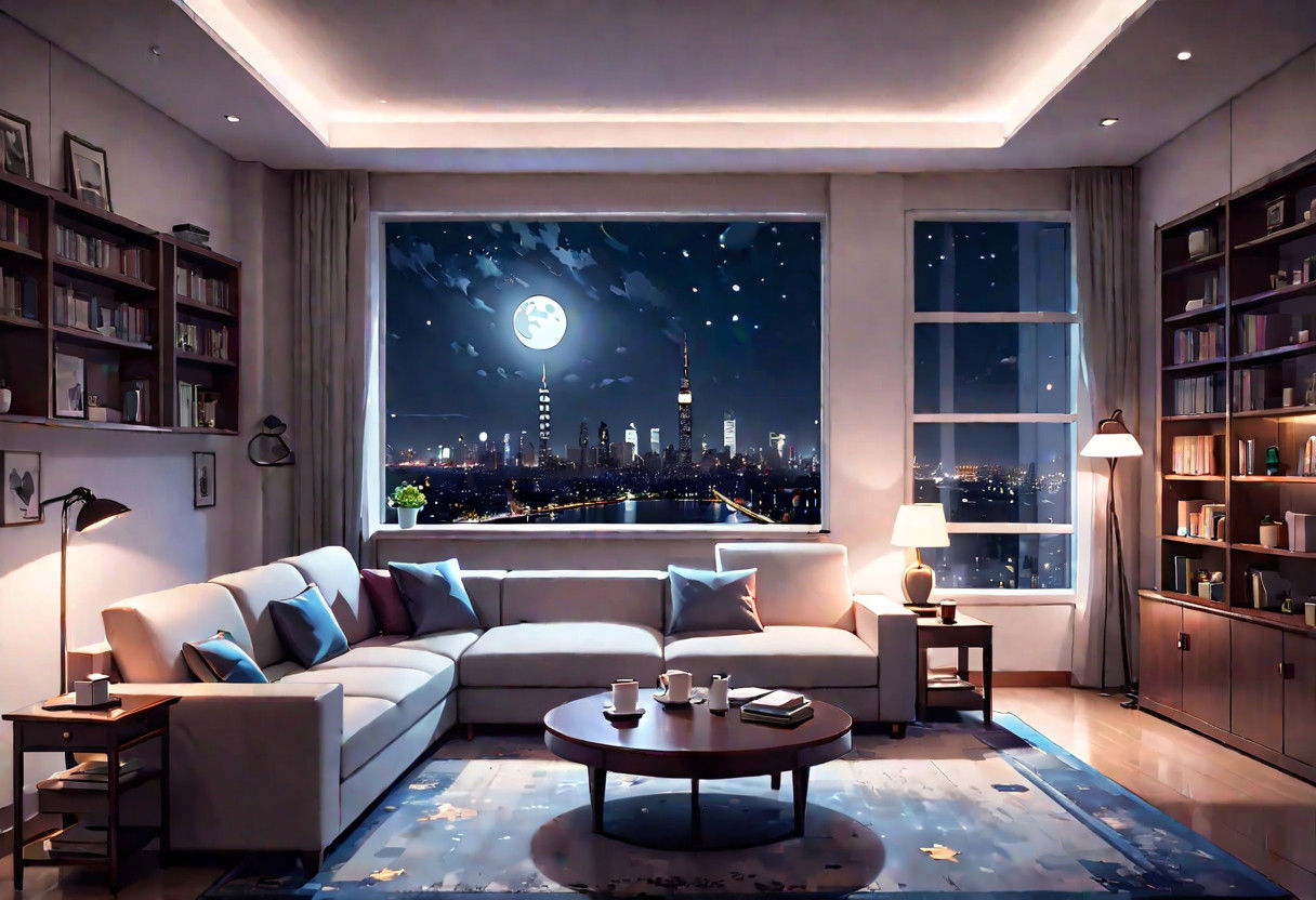 ((front view)), Shallow scene, ((animation style)), modern-style interior, with white walls, (large windows), a  study, Sofa, coffee table, bookcase, single wall, (gloomy room), Turn off the indoor lights and turn on only the desk lamp, quiet and mysterious night sky, starry sky, moonlight, city night view, (City high-rise building scenery), (City scenery outside the window)