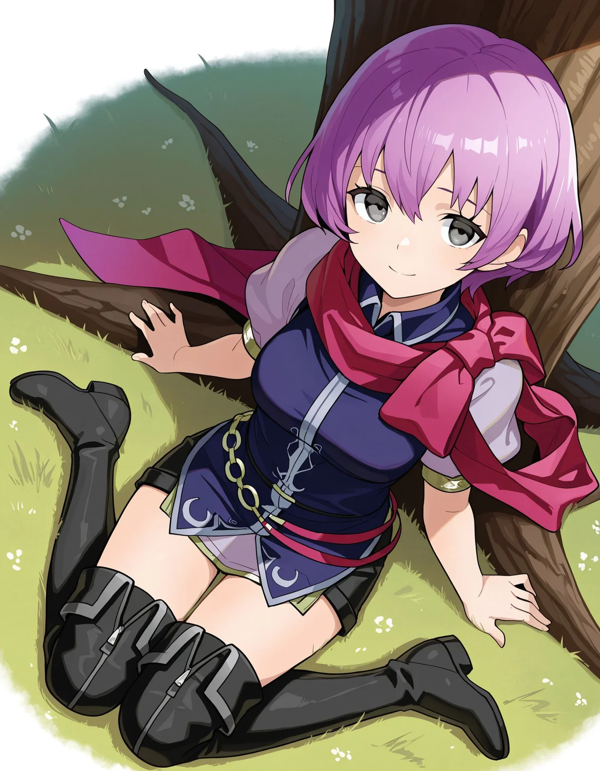 1girl,<lora:katarina feh_illustriousXL:0.8>,katarina feh,scarf,purple dress,black belt,o-ring belt,black shorts,thigh boots,full body,smile,sitting,on grass,against tree,looking at viewer,from above,dutch angle,masterpiece,best quality,amazing quality,