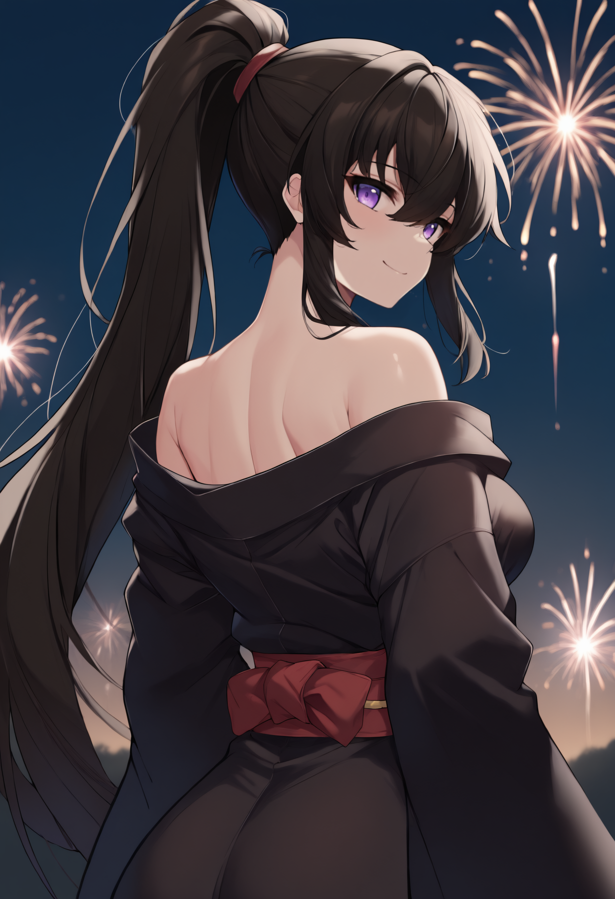 anime, masterpiece, best quality, from behind, solo, 1girl, ymna, smile, looking back, long hair, black hair, sidelocks, hair between eyes, ponytail, purple eyes, japanese clothes, black kimono, off shoulder, red sash, bare shoulders, outdoors, night, fireworks
<segment:yolo-Anzhc Face seg 640 v2 y8n.pt,0.4,0.5//cid=1>