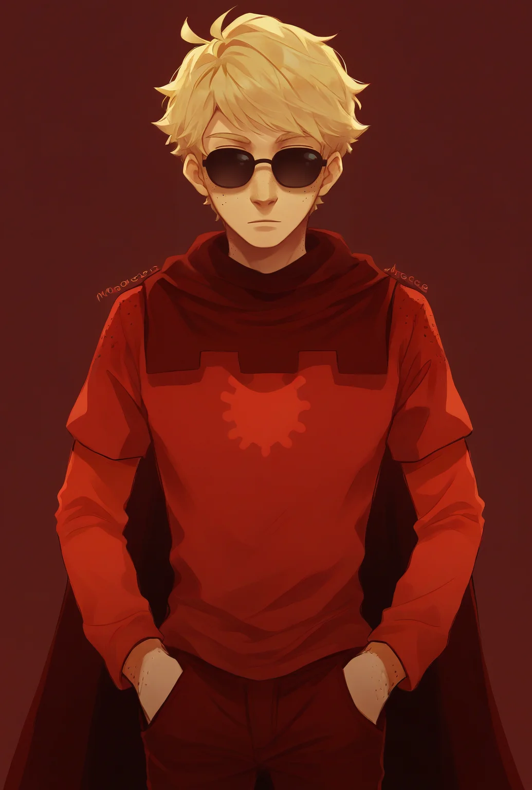 , score_9, score_8_up, score_7_up, masterpiece, , line art, portrait, anime,, detailed, <lora:Expressive_H:0.45> Expressiveh, , , <lora:Dave_Strider:0.8>, dave strider, blonde hair, sunglasses, freckles, male, 1boy, godtier, cape, red shirt, pants, simple background, dark red background,