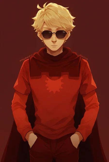 , score_9, score_8_up, score_7_up, masterpiece, , line art, portrait, anime,, detailed, <lora:Expressive_H:0.45> Expressiveh, , , <lora:Dave_Strider:0.8>, dave strider, blonde hair, sunglasses, freckles, male, 1boy, godtier, cape, red shirt, pants, simple background, dark red background,
