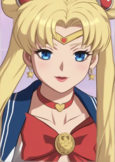 1girl, sailor moon, tsukino usagi, huge breast, 3d, blonde hair, blue eyes, blue sailor collar, bow, choker, circlet, crescent, crescent earrings, earrings, heart, heart choker, jewelry, light blush, long hair, looking at viewer, magical girl, meme, parted bangs, red bow, red choker, sailor collar, sailor moon redraw challenge (meme), sailor senshi uniform, shirt, sleeveless, sleeveless shirt, solo, twintails, upper body, zPDXL3 <lora:GUILTY_GEAR_-STRIVE-3d:0.8>