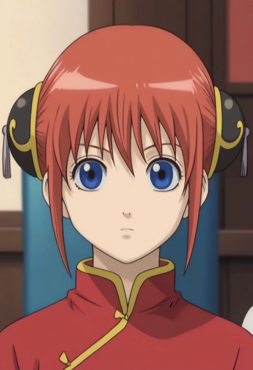 <lora:Kagura:0.8>blue eyes, red hair, Kagura red cheongsam with yellow piping outfit, Chinese clothes, double bun, bun cover, China dress,