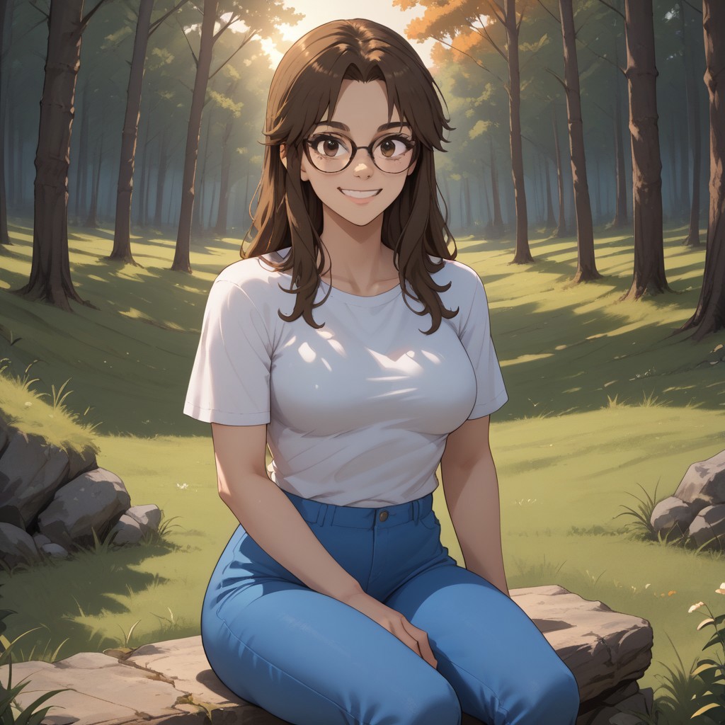 score_9, score_8, BREAK, solo, brown hair, long hair, brown eyes, glasses, white shirt, breasts, blue pants, sandals, Abigail Alburton, sexy pose, self portrait, smile, outdoors, sunlight, shadows, evening lighting, natural lighting, forest, trees, grass, orange sky, sunset