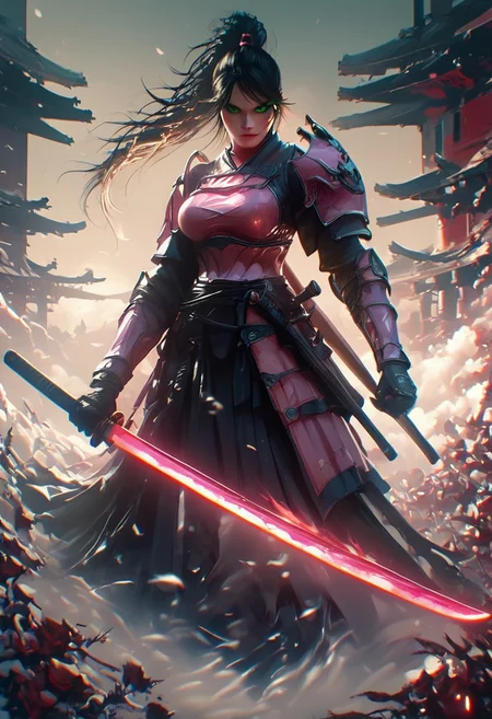 score_9, score_8_up, score_7_up, hkwarrior, Inkblast, A warrior holding a sword, realistic, female, large breasts, pink armor, full body, perfect face, beautiful face, long black hair, straight hair, ponytail, perfect eyes, perfecteyes, green eyes, detailed background, in combat, warriors fighting around her,