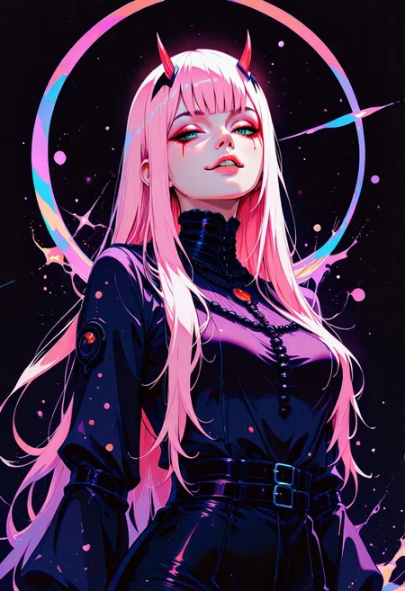 xtrvgnc, xtrvgnc_art_style, masterpiece, best quality, good quality, very aesthetic, absurdres, newest, 8K, depth of field, focused subject, artist:moriimee, BREAK, zero two (Darling in the Franxx), vibrant hues, dynamic, detailed face, detailed eyes, smile, bioluminescent pink hair, clear lines, dark background, cowboy shot, sexy
