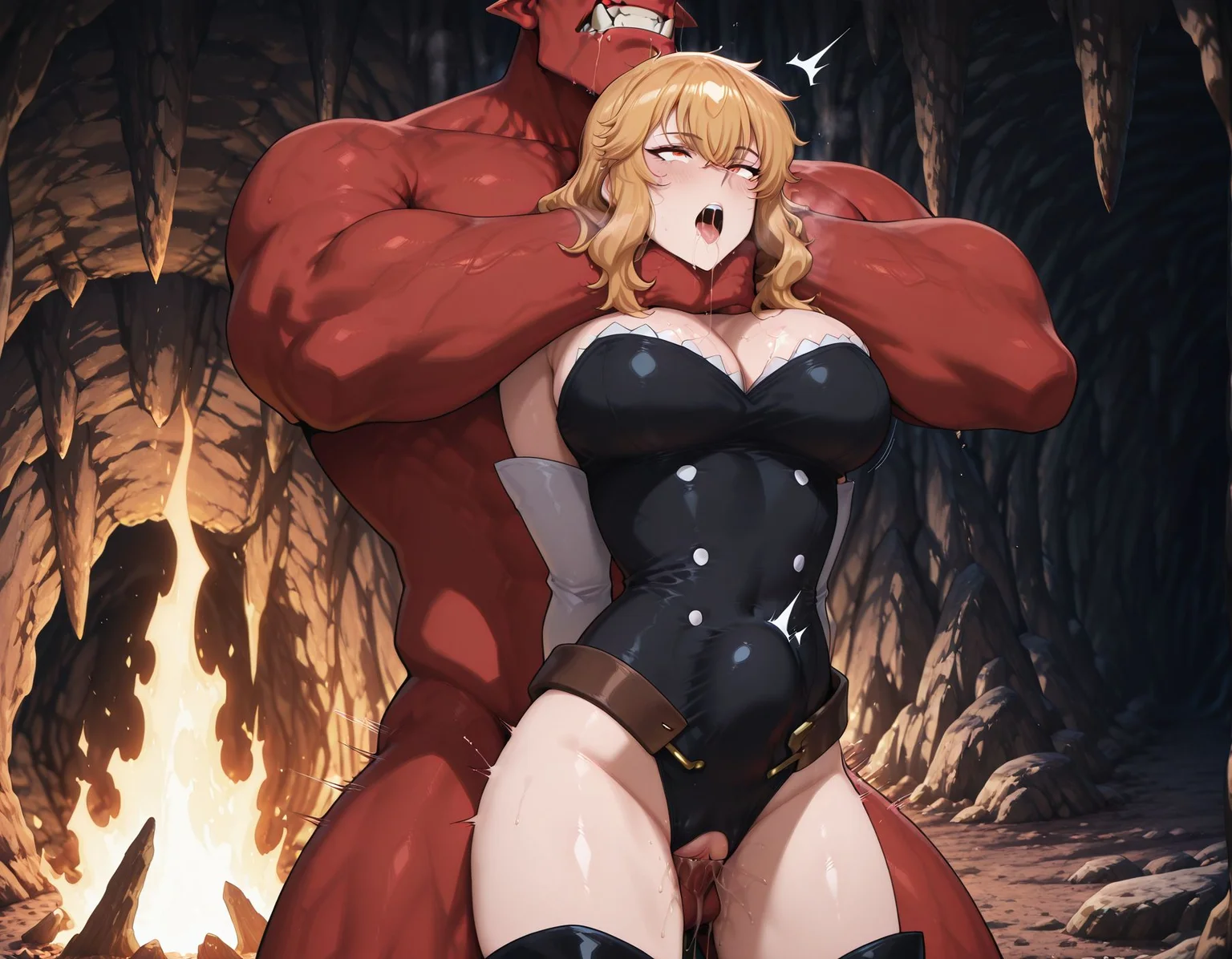masterpiece, absurdres,amazing quality, best quality, detailed background, 8k,
outdoors, cave,
<lora:Choke_Hold_r1:0.8>Choke_HoldV1,
1girl, 1boy, grabbing from behind,
choke hold, vaginal sex, teeth, standing,arms behind back,
sex from behind, stomach bulge, saliva trail, saliva,
giant red orc\(sololeveling\),
gina\(sololeveling\),
thigh boots,black leotard ,
<lora:Gina_-_Solo_Leveling:1>