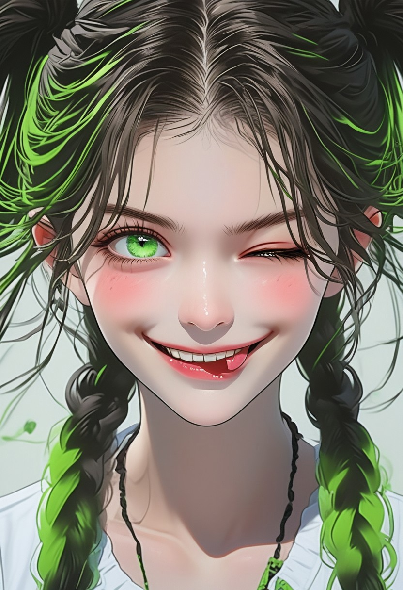 SmireAlt, multicoloured hair, pigtails, braids, green eyes, smirk, one eye closed, tongue out
